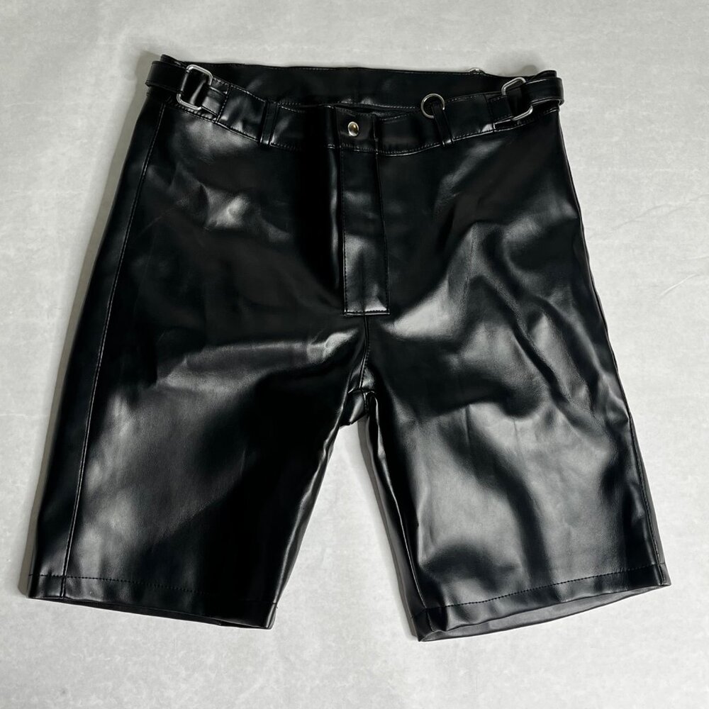 RARE VELMONTU Black Faux Leather High-Waisted Bermuda Shorts LARGE